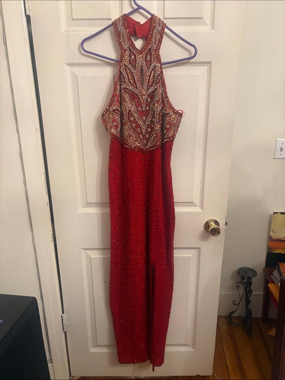 Laurence Kazar Red Beaded Halter Prom Gown